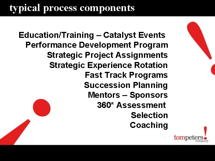 typical process components Education/Training – Catalyst Events Performance Development Program Strategic Project Assignments Strategic