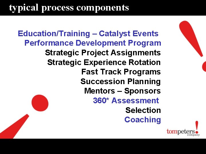 typical process components Education/Training – Catalyst Events Performance Development Program Strategic Project Assignments Strategic
