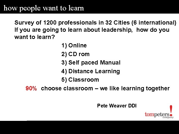 how people want to learn Survey of 1200 professionals in 32 Cities (6 international)