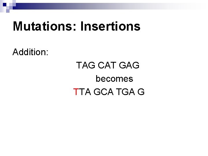 Mutations: Insertions Addition: TAG CAT GAG becomes TTA GCA TGA G 