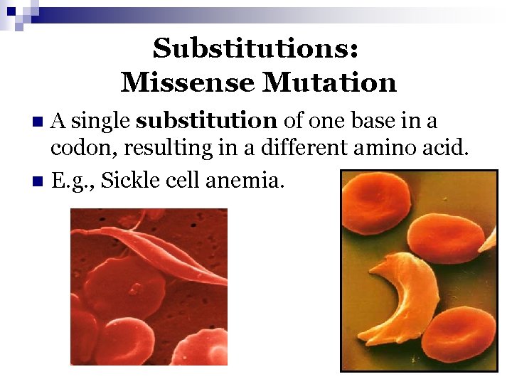 Substitutions: Missense Mutation A single substitution of one base in a codon, resulting in