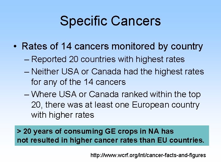 Specific Cancers • Rates of 14 cancers monitored by country – Reported 20 countries