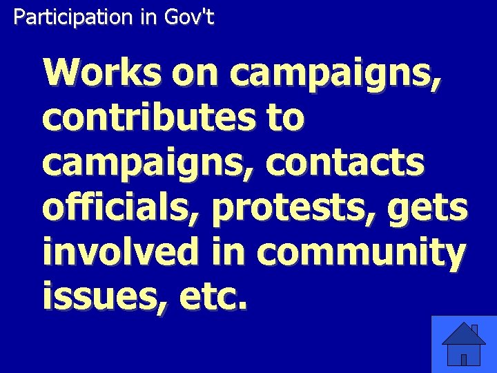 Participation in Gov't Works on campaigns, contributes to campaigns, contacts officials, protests, gets involved