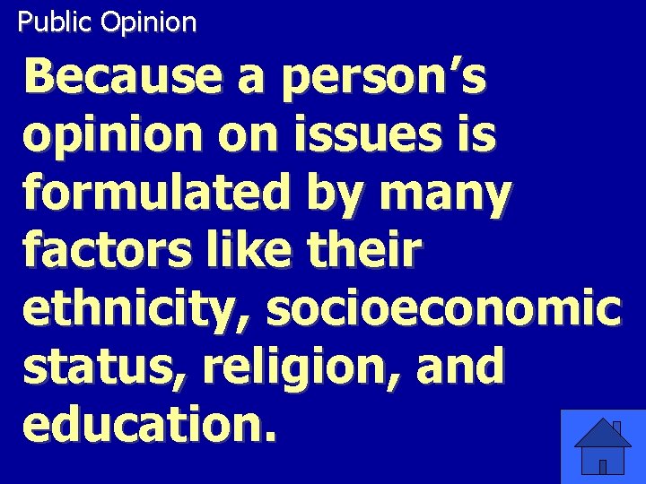 Public Opinion Because a person’s opinion on issues is formulated by many factors like