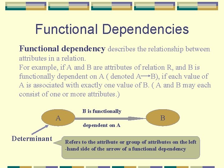 Functional Dependencies Functional dependency describes the relationship between attributes in a relation. For example,