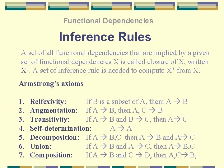 Functional Dependencies Inference Rules A set of all functional dependencies that are implied by