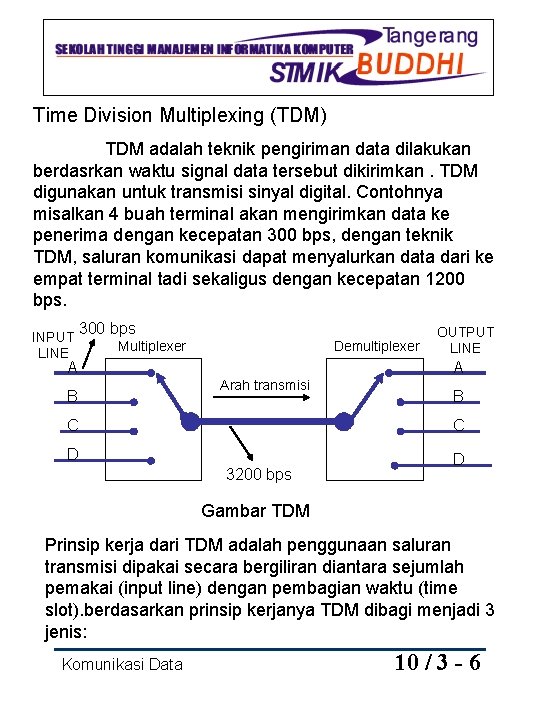 Time Division Multiplexing (TDM) TDM adalah teknik pengiriman data dilakukan berdasrkan waktu signal data