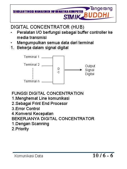 DIGITAL CONCENTRATOR (HUB) • Peralatan I/O berfungsi sebagai buffer controller ke media transmisi •