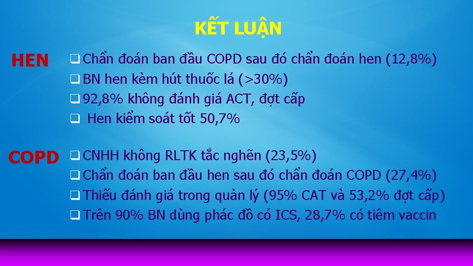 KẾT LUẬN HEN q Chẩn đoán ban đầu COPD sau đó chẩn đoán hen