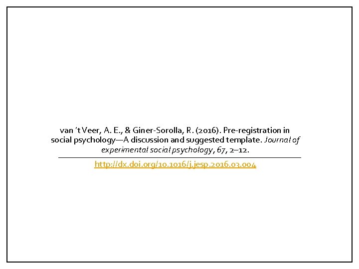 van ’t Veer, A. E. , & Giner-Sorolla, R. (2016). Pre-registration in social psychology—A