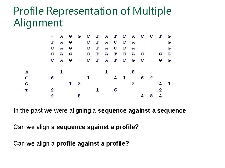 Profile Representation of Multiple Alignment T C C C A C G T -