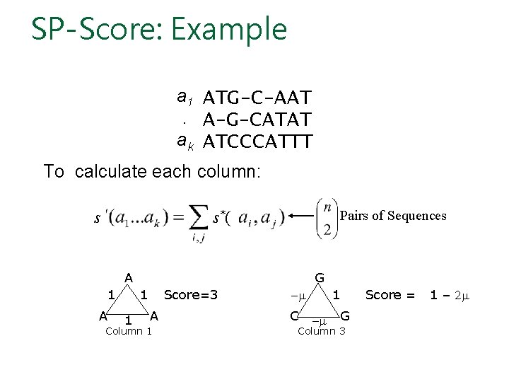 SP-Score: Example a 1 ATG-C-AAT. A-G-CATAT ak ATCCCATTT To calculate each column: s Pairs