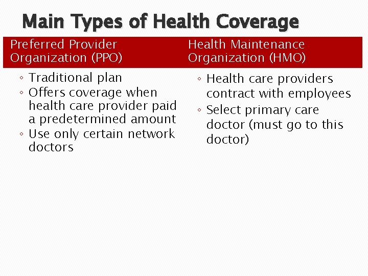 Main Types of Health Coverage Preferred Provider Organization (PPO) ◦ Traditional plan ◦ Offers