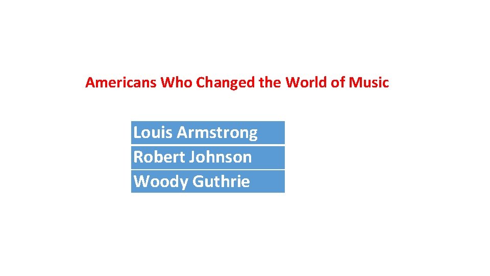 Americans Who Changed the World of Music Louis Armstrong Robert Johnson Woody Guthrie 