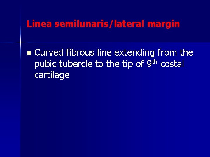 Linea semilunaris/lateral margin n Curved fibrous line extending from the pubic tubercle to the