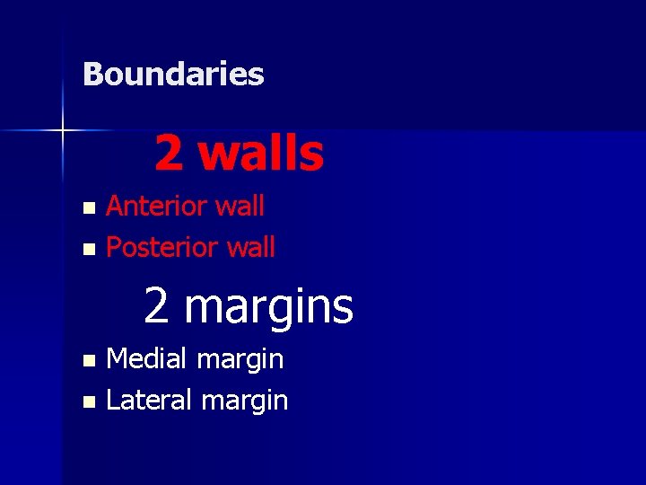 Boundaries 2 walls Anterior wall n Posterior wall n 2 margins Medial margin n