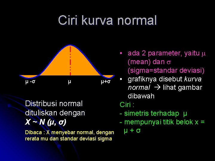 Ciri kurva normal μ -σ μ μ+σ Distribusi normal dituliskan dengan X ~ N