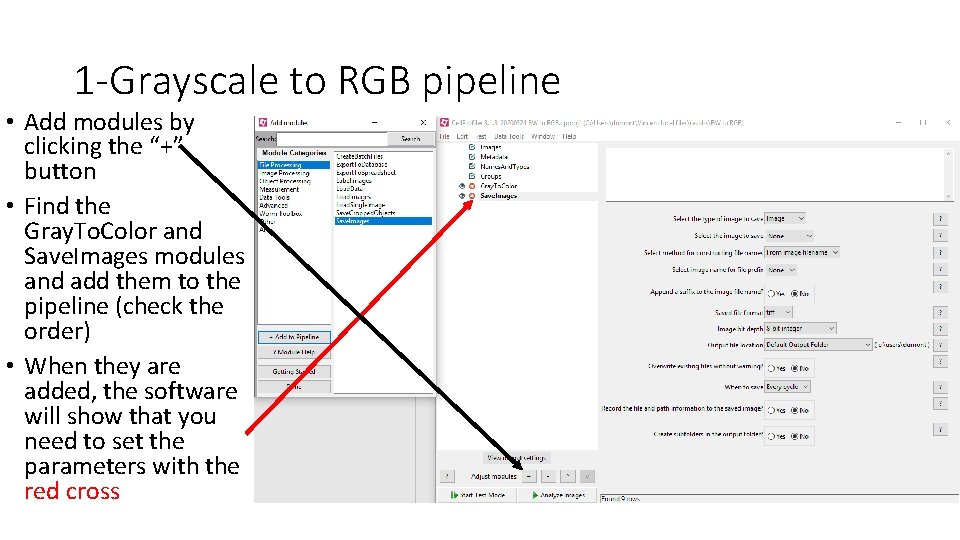 1 -Grayscale to RGB pipeline • Add modules by clicking the “+” button •