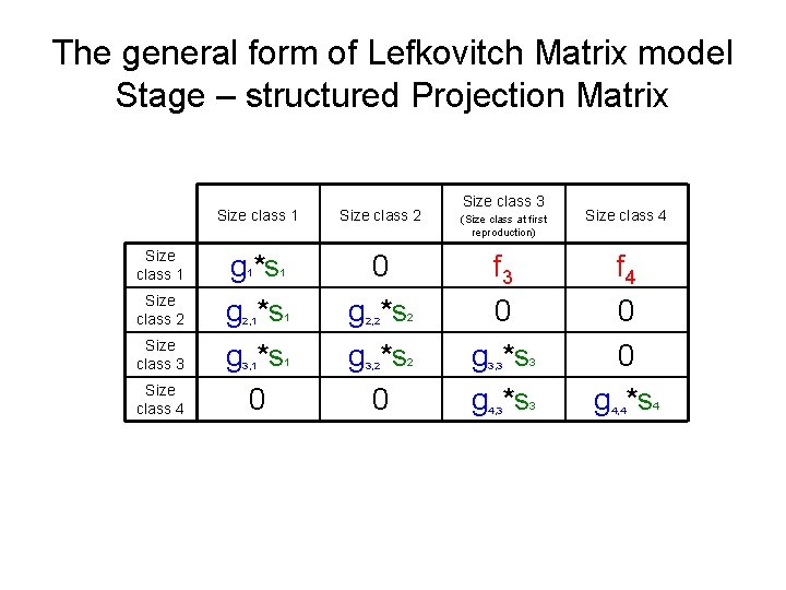 The general form of Lefkovitch Matrix model Stage – structured Projection Matrix Size class