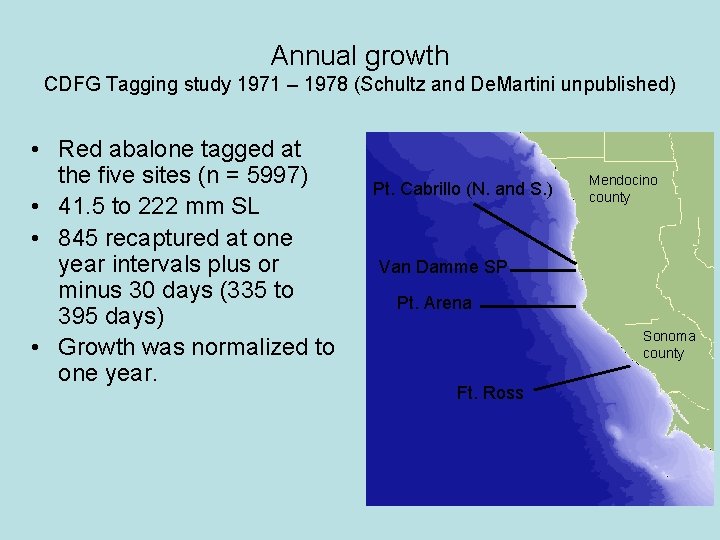 Annual growth CDFG Tagging study 1971 – 1978 (Schultz and De. Martini unpublished) •