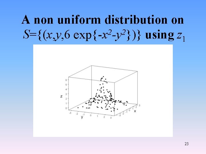 A non uniform distribution on S={(x, y, 6 exp{-x 2 -y 2})} using z