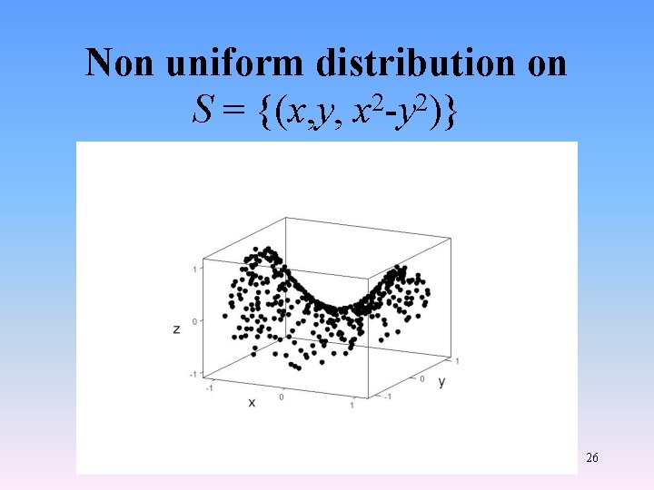 Non uniform distribution on S = {(x, y, x 2 -y 2)} 26 