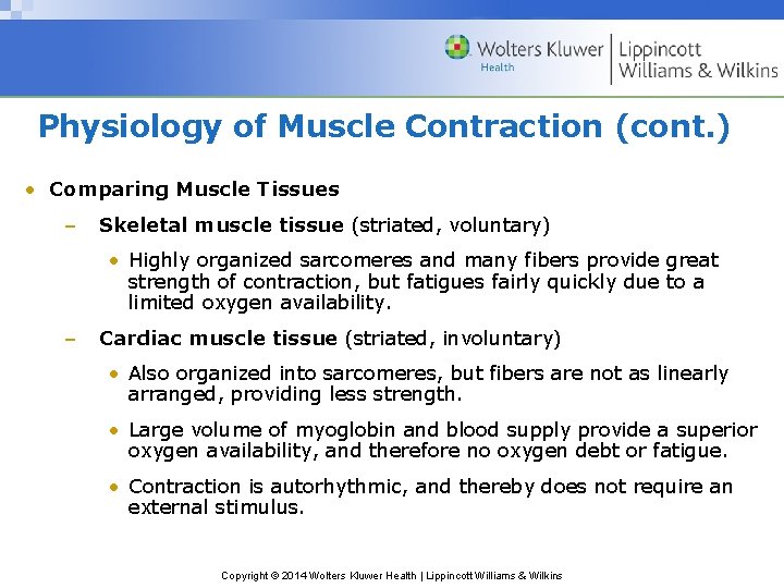 Physiology of Muscle Contraction (cont. ) • Comparing Muscle Tissues – Skeletal muscle tissue