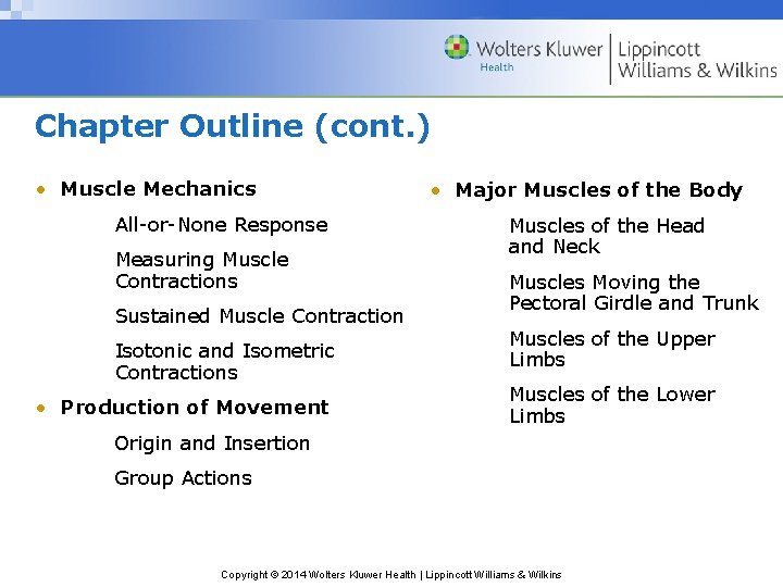 Chapter Outline (cont. ) • Muscle Mechanics All-or-None Response Measuring Muscle Contractions Sustained Muscle