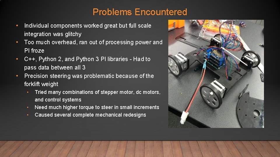 Problems Encountered • • Individual components worked great but full scale integration was glitchy