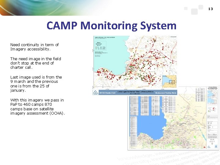 13 CAMP Monitoring System Need continuity in term of Imagery accessibility. The need image