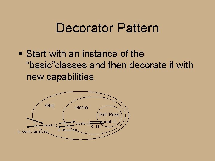 Decorator Pattern § Start with an instance of the “basic”classes and then decorate it Decorator Pattern § Start with an instance of the “basic”classes and then decorate it