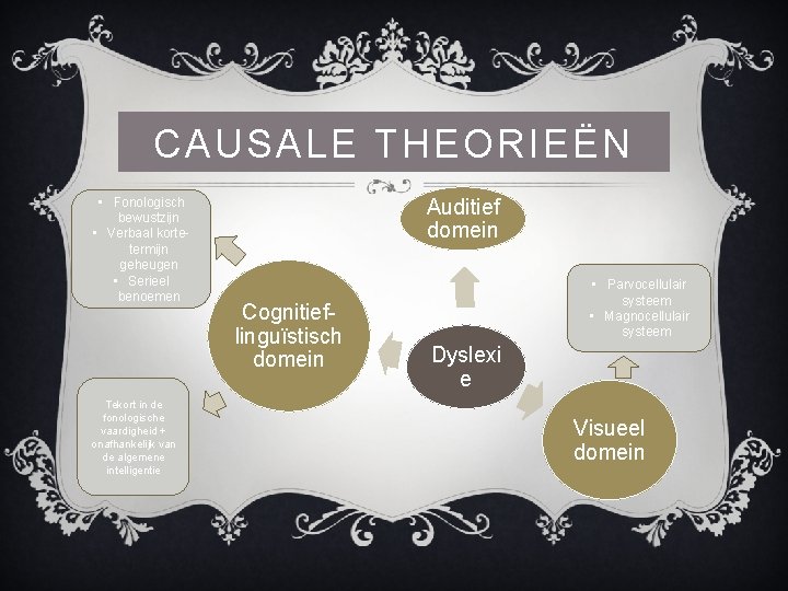 CAUSALE THEORIEËN • Fonologisch bewustzijn • Verbaal kortetermijn geheugen • Serieel benoemen Tekort in