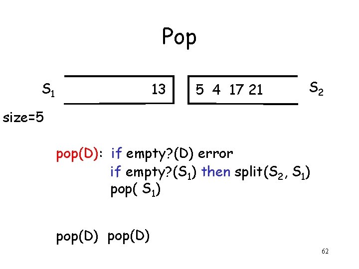 Pop S 1 13 5 4 17 21 S 2 size=5 pop(D): if empty?