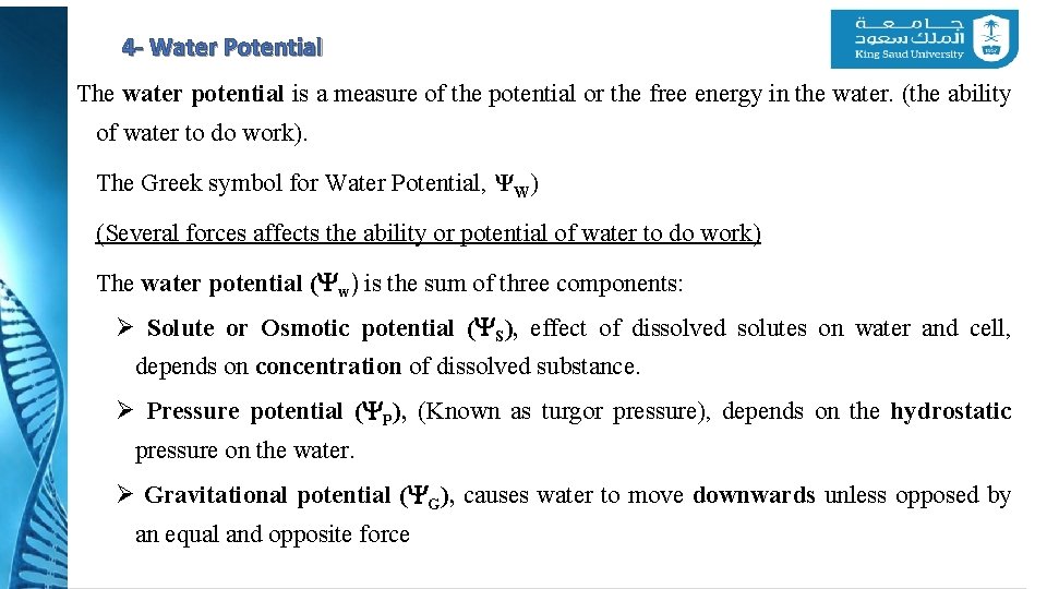 4 - Water Potential The water potential is a measure of the potential or