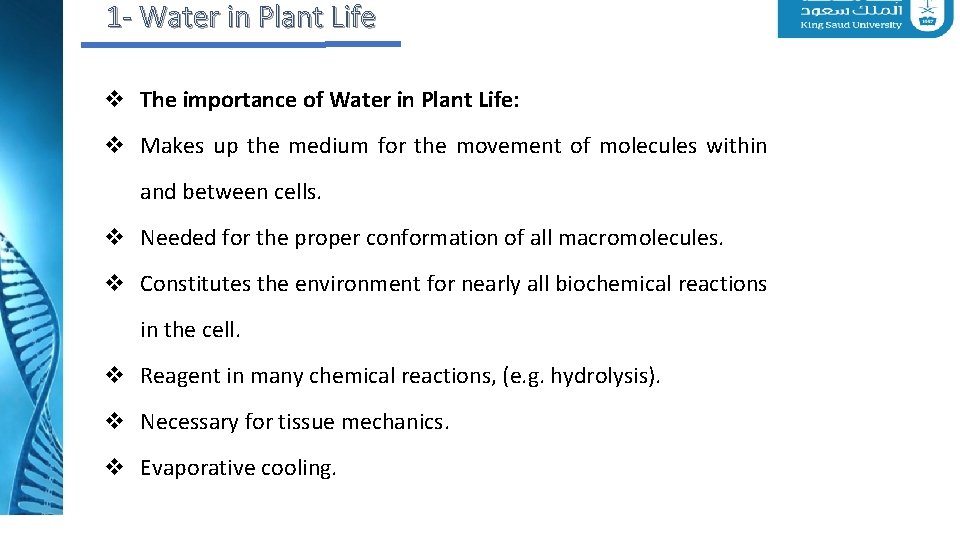 1 - Water in Plant Life v The importance of Water in Plant Life: