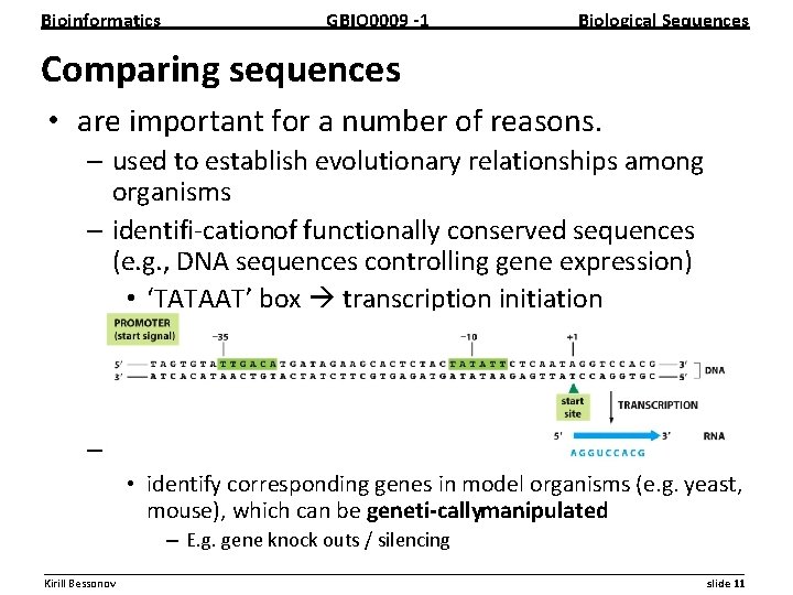 Bioinformatics GBIO 0009 1 Biological Sequences Comparing sequences • are important for a number