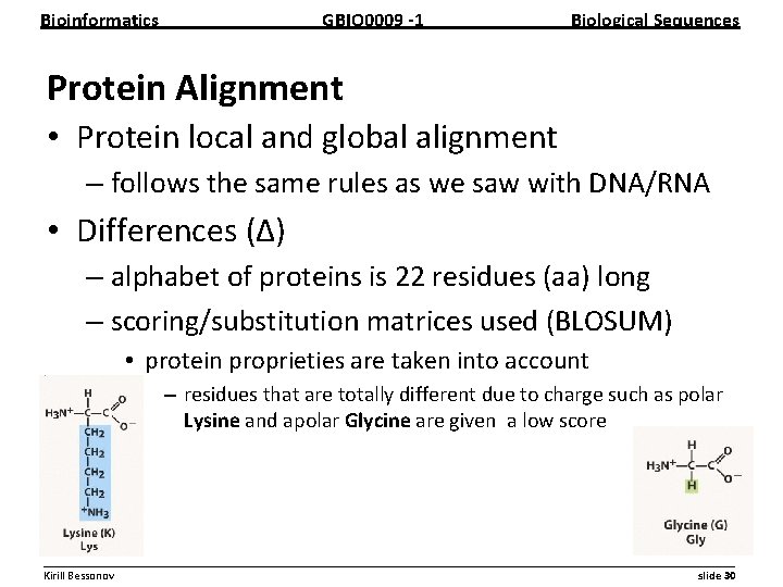 Bioinformatics GBIO 0009 1 Biological Sequences Protein Alignment • Protein local and global alignment