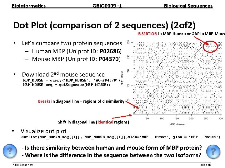 Bioinformatics GBIO 0009 1 Biological Sequences Dot Plot (comparison of 2 sequences) (2 of