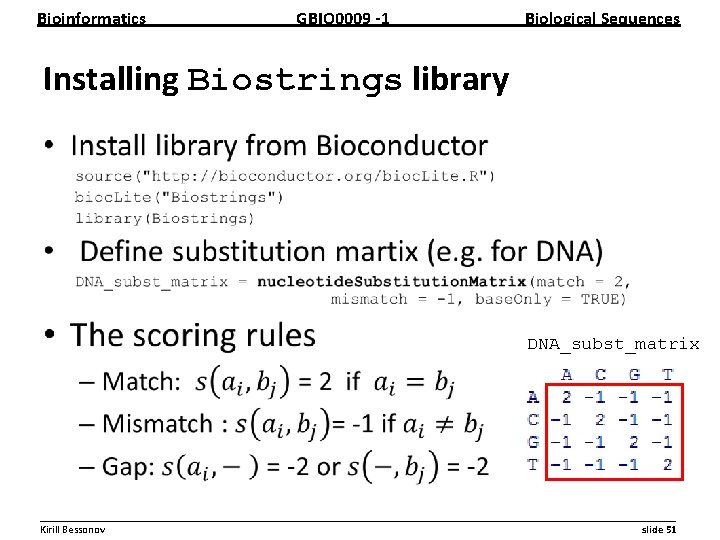 Bioinformatics GBIO 0009 1 Biological Sequences Installing Biostrings library • DNA_subst_matrix __________________________________________________________ Kirill Bessonov