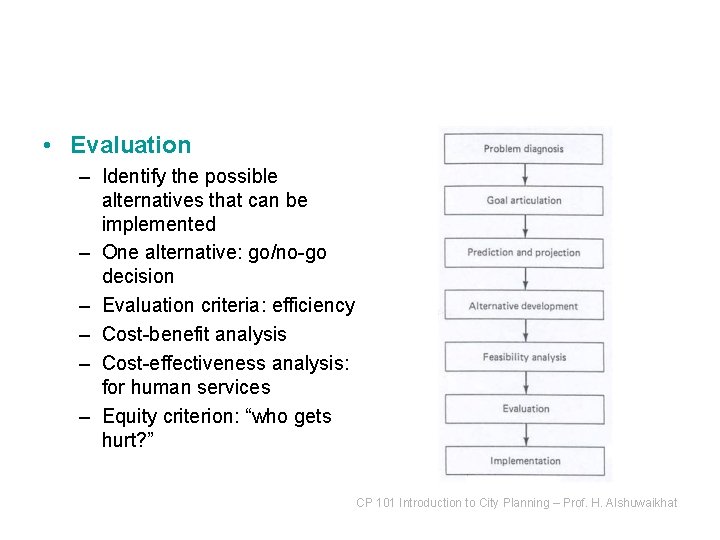  • Evaluation – Identify the possible alternatives that can be implemented – One