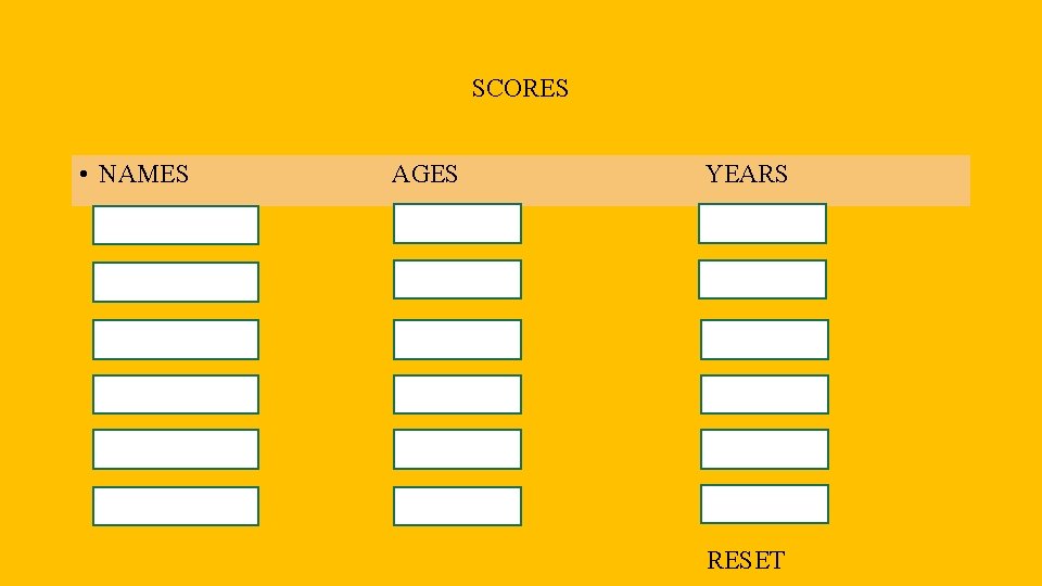 SCORES • NAMES AGES YEARS RESET 