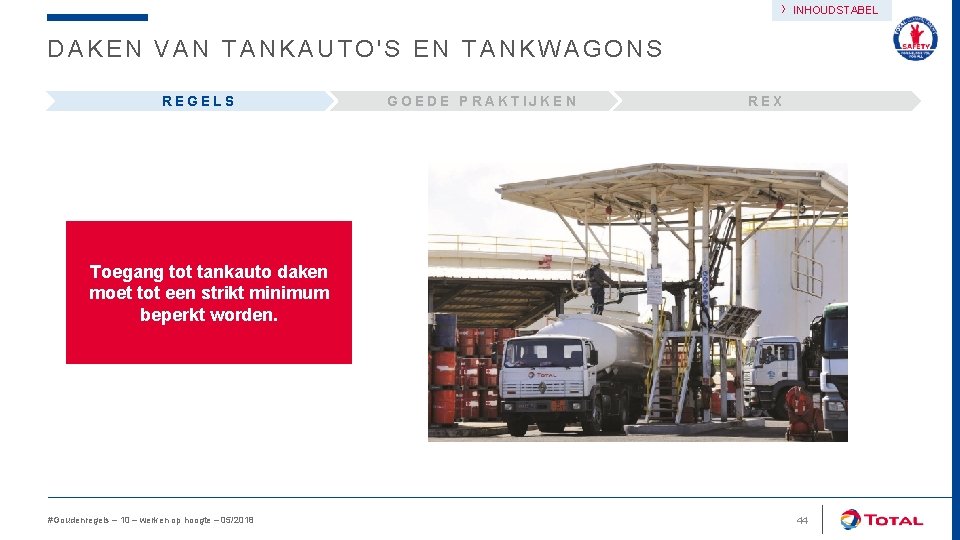 › INHOUDSTABEL DAKEN VAN TANKAUTO'S EN TANKWAGONS REGELS GOEDE PRAKTIJKEN REX Toegang tot tankauto