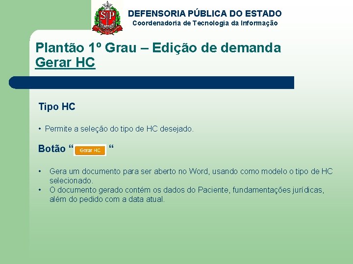 DEFENSORIA PÚBLICA DO ESTADO Coordenadoria de Tecnologia da Informação Plantão 1º Grau – Edição