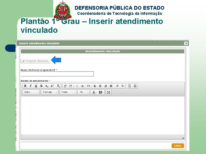 DEFENSORIA PÚBLICA DO ESTADO Coordenadoria de Tecnologia da Informação Plantão 1º Grau – Inserir