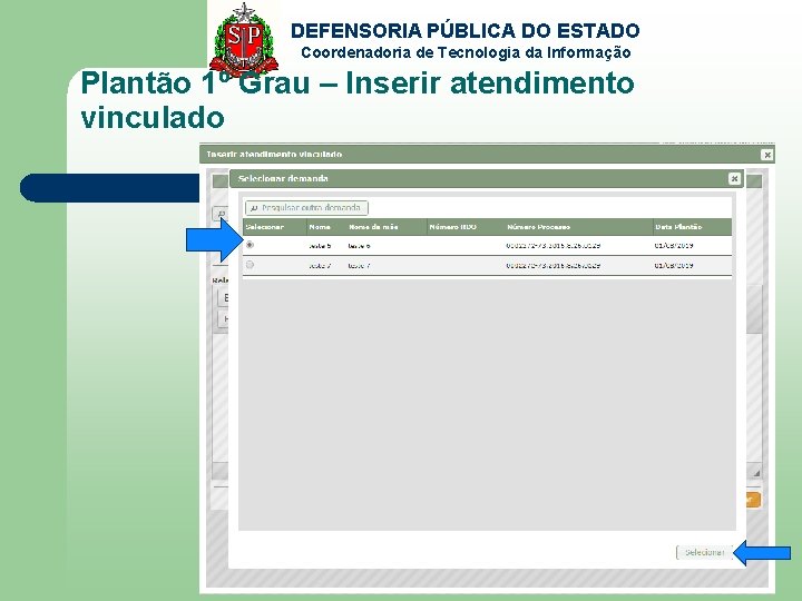 DEFENSORIA PÚBLICA DO ESTADO Coordenadoria de Tecnologia da Informação Plantão 1º Grau – Inserir