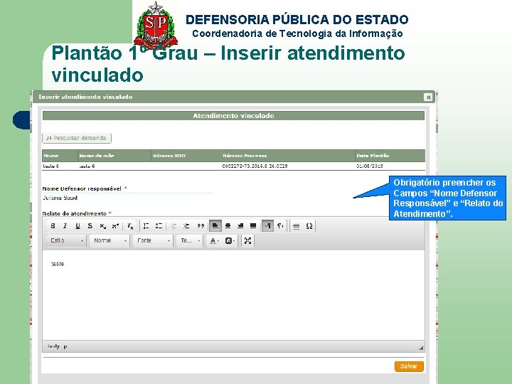 DEFENSORIA PÚBLICA DO ESTADO Coordenadoria de Tecnologia da Informação Plantão 1º Grau – Inserir