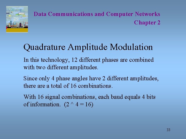Data Communications and Computer Networks Chapter 2 Quadrature Amplitude Modulation In this technology, 12