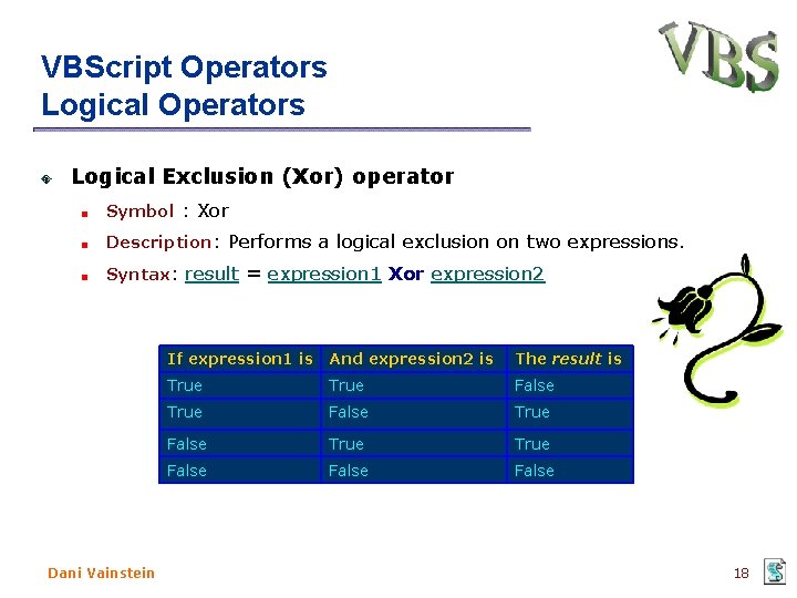 VBScript Operators Logical Exclusion (Xor) operator Symbol : Xor Description: Performs a logical exclusion