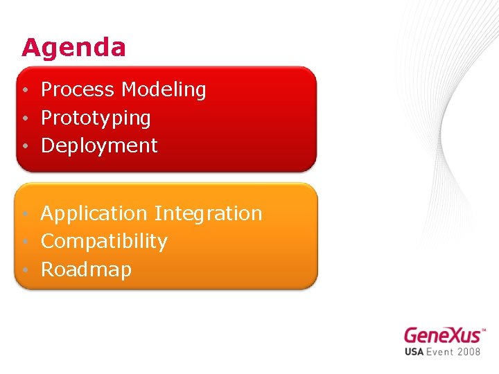 Agenda • Process Modeling • Prototyping • Deployment • Application Integration • Compatibility •