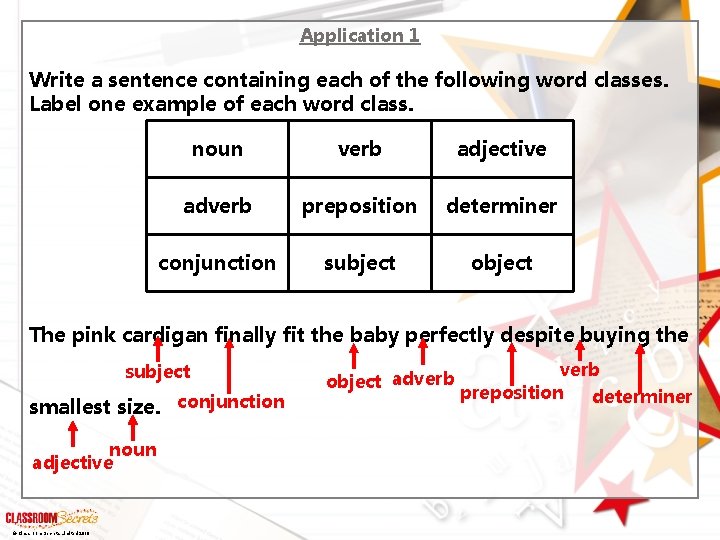 Application 1 Write a sentence containing each of the following word classes. Label one